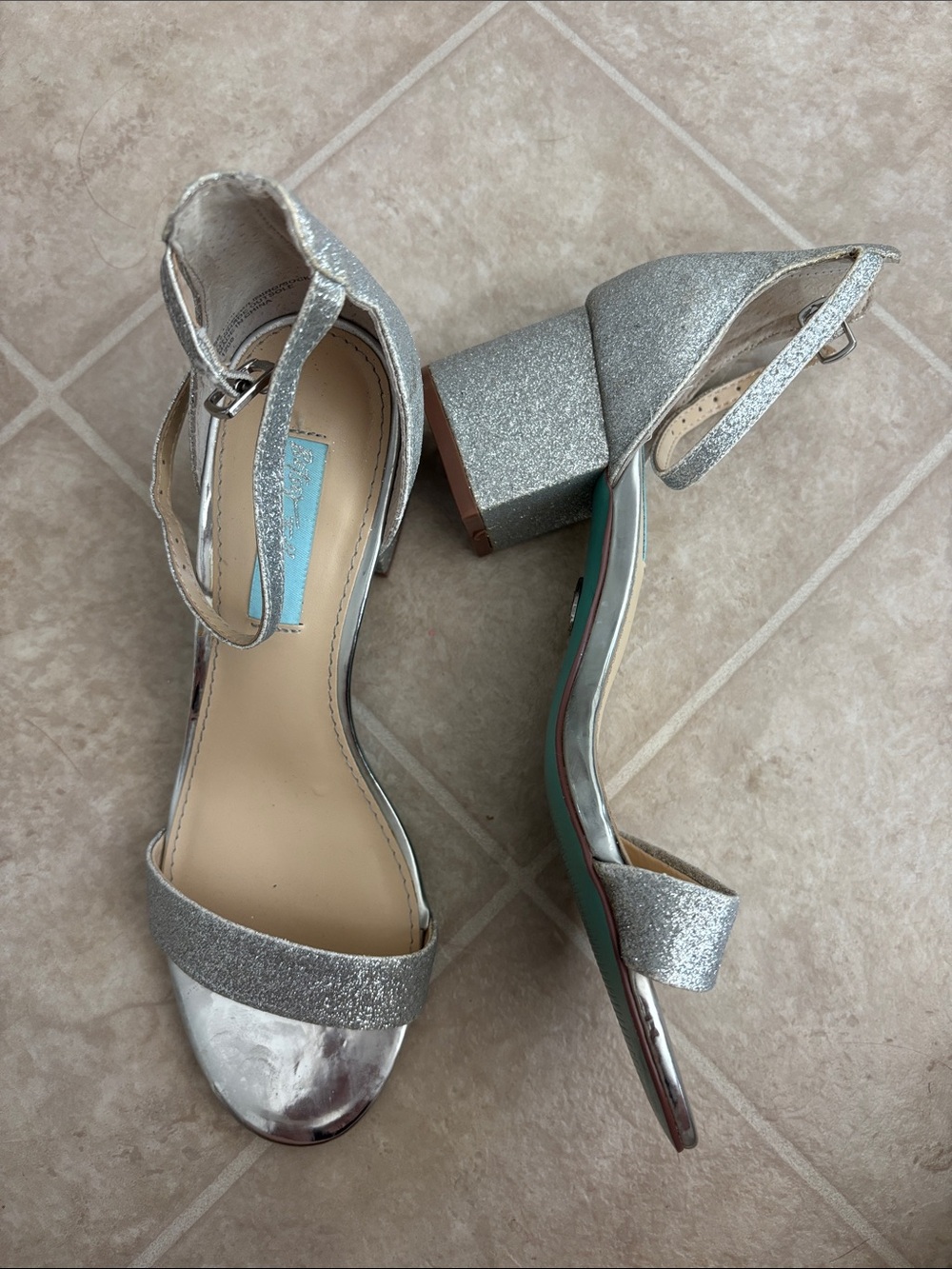Betsey Johnson Silver Glitter Block Heel Sandals